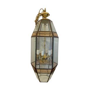 Vintage Brass and Beveled Glass Lantern Chandelier Ceiling Light Foyer Pendant b